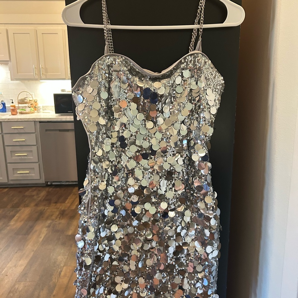 Silver Sequin Dress with Spaghetti Straps